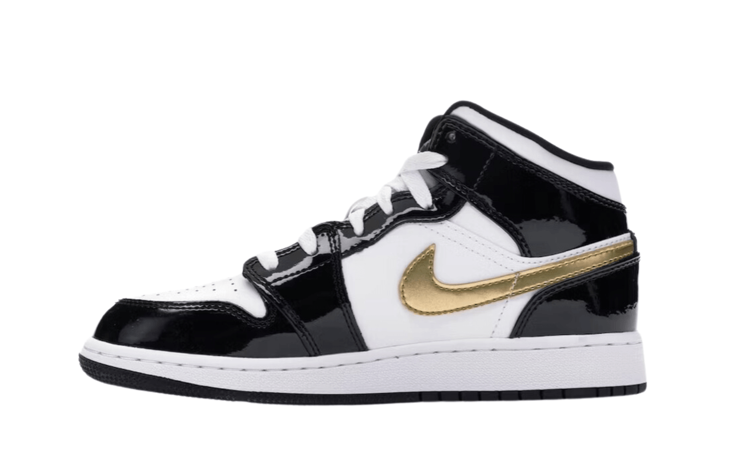 Jordan 1 Mid Patent Black White Gold (GS) Jordan 1 Mid Patent Black White Gold (GS)